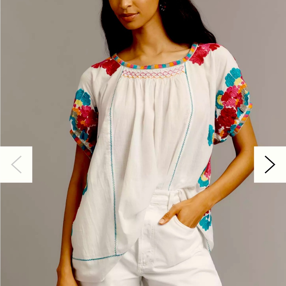 By Anthropologie Short-Sleeve Embroidered Tunic Top XSP